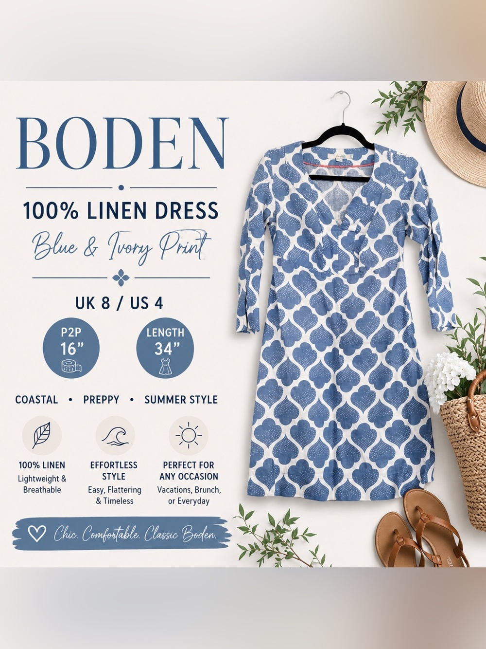 Boden 100% Linen Printed Dress US 4